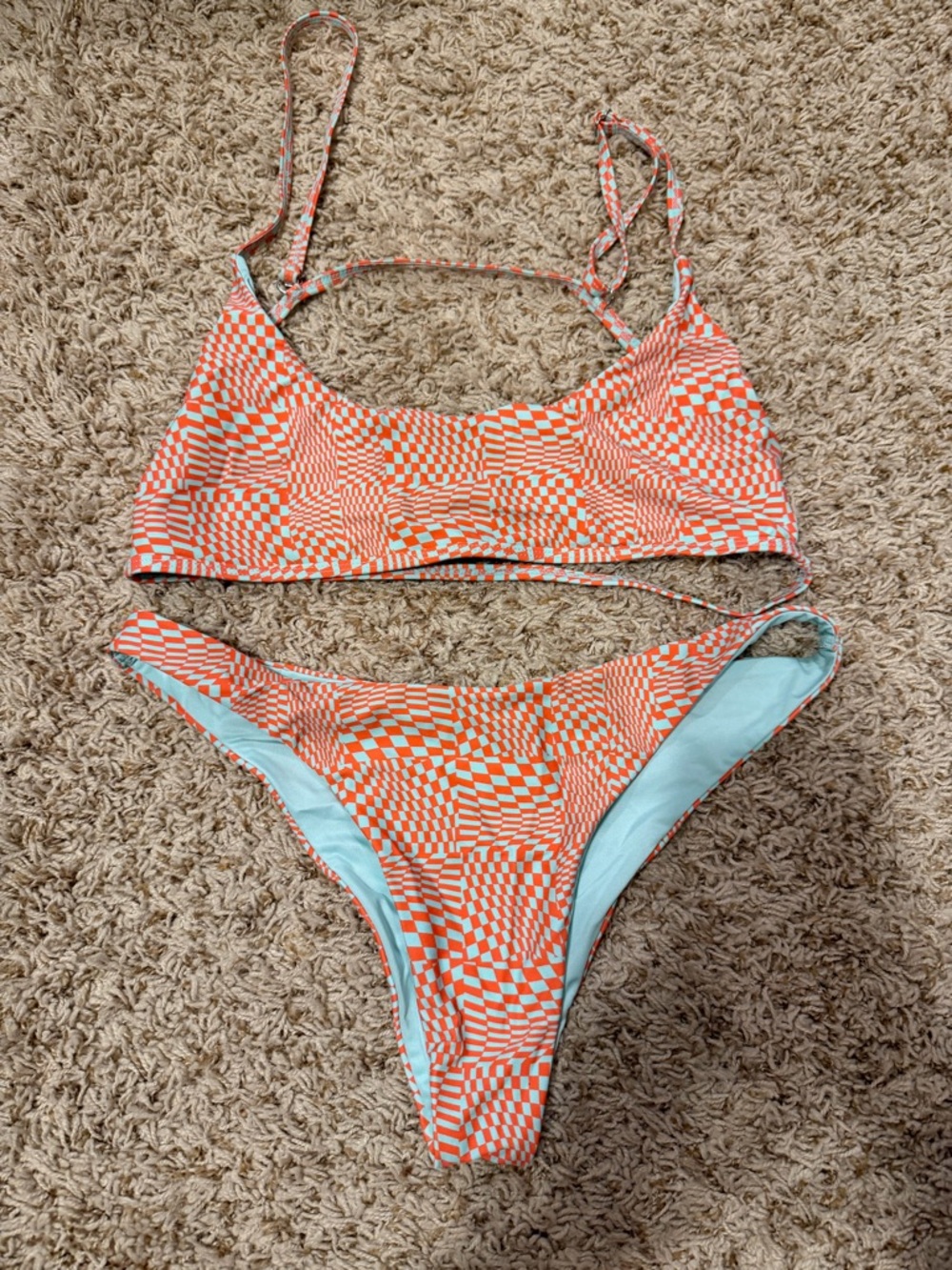Tilly's Orange and Light Blue Checkered Two-Piece Bikini